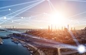 Modern factory and communication network concept. Telecommunication. IoT (Internet of Things). ICT (Information communication Technology). 5G. Smart factory. Digital transformation.